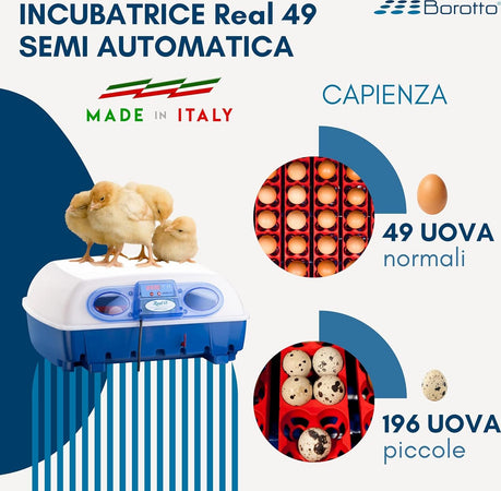 Borotto-REAL-49-Semi-Automatica---Incubatrice-Professionale-Brevettata,-con-Girauova-a-Levetta---per-49-Uova-o-196-Uova-Piccole