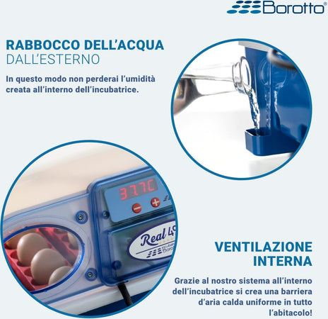 Borotto-REAL-49-Semi-Automatica---Incubatrice-Professionale-Brevettata,-con-Girauova-a-Levetta---per-49-Uova-o-196-Uova-Piccole