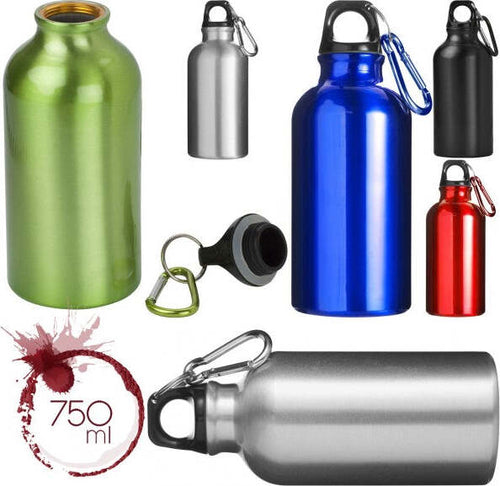 Borraccia-Bottiglia-Alluminio-750ml-Sport-Lavoro-Scuola-Viaggi-Con-Moschettone