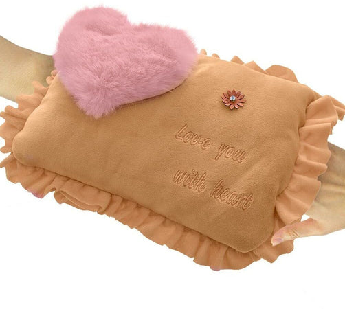 Borsa Acqua Calda Elettrica con Tasche Scaldamani Cuore Beige Tessuto Peluche