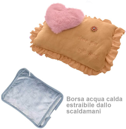 Borsa Acqua Calda Elettrica con Tasche Scaldamani Cuore Beige Tessuto Peluche