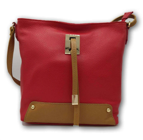 Borsa Donna a Tracolla Modello Olga in Vera Pelle Tamponato Rosso Con Dettagli a Contrasto Made in Italy Fior Di Loto