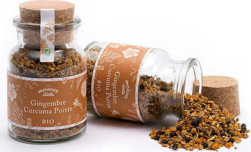 Bottiglie di vetro con erbe biologiche 65g zenzero curcuma pepe dalla Provence