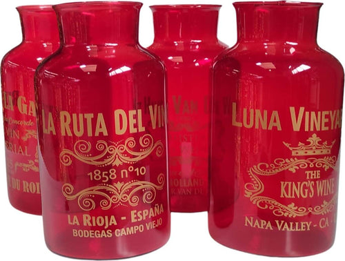 Bottiglie in vetro decorative, color rosso, con scritte oro, da Ø 10 x 19 cm Casa e cucina/Decorazioni per interni/Addobbi e decorazioni per ricorrenze/Decorazioni natalizie/Oggettistica MagiediNatale.it - Altamura, Commerciovirtuoso.it