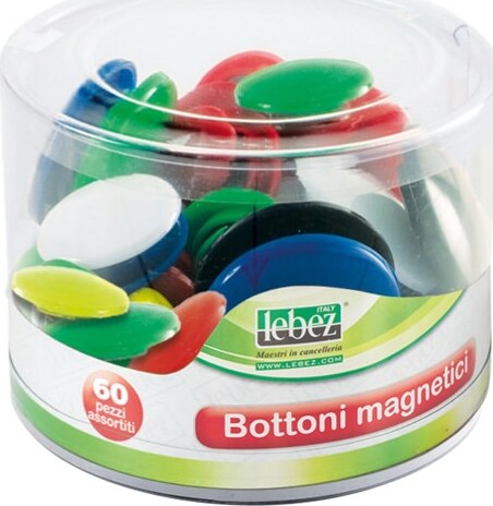 Bottoni magnetici tondi - misure e colori assortiti - Lebez - barattolo da 60 pezzi Cancelleria e prodotti per ufficio/Archivio ufficio e accessori per scrivania/Nastri colle elastici e graffette/Puntine e ganci Eurocartuccia - Pavullo, Commerciovirtuoso.it