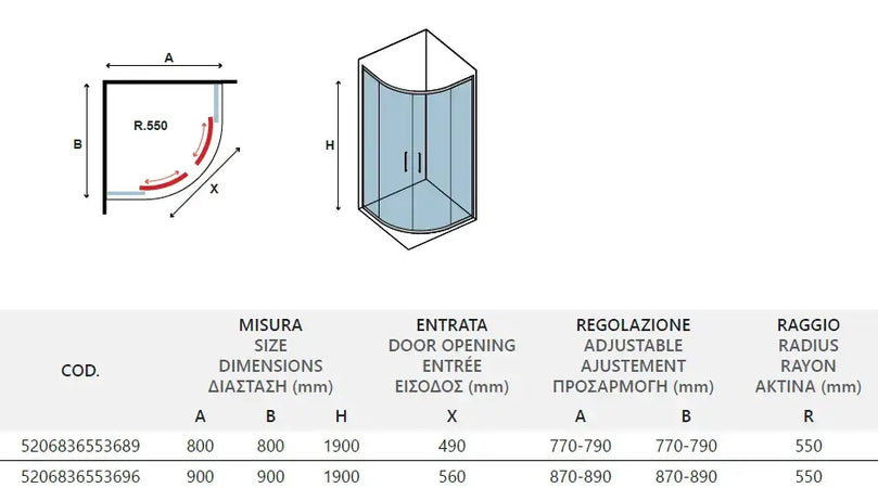 Box Doccia 90x90 Semicircolare Acciaio Inox Trasparente 8mm H190