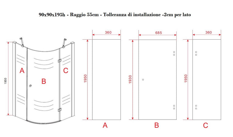 Box Doccia Semicircolare H195cm Anta Battente Cristallo 8mm