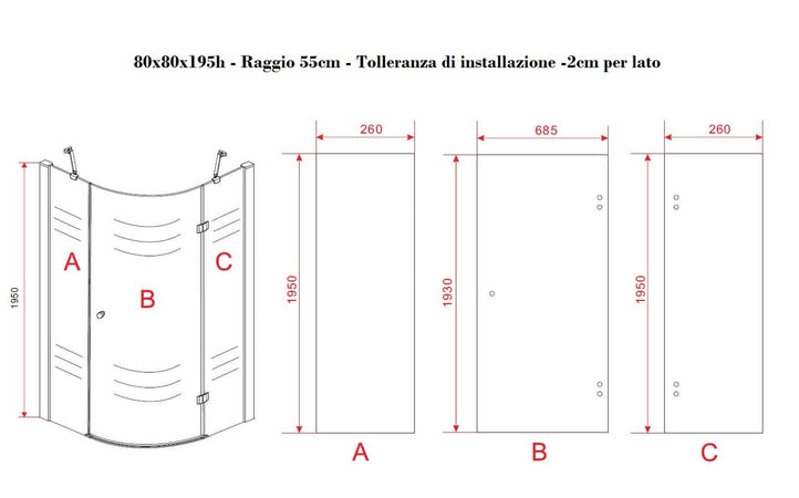 Box Doccia Semicircolare H195cm Anta Battente Cristallo 8mm