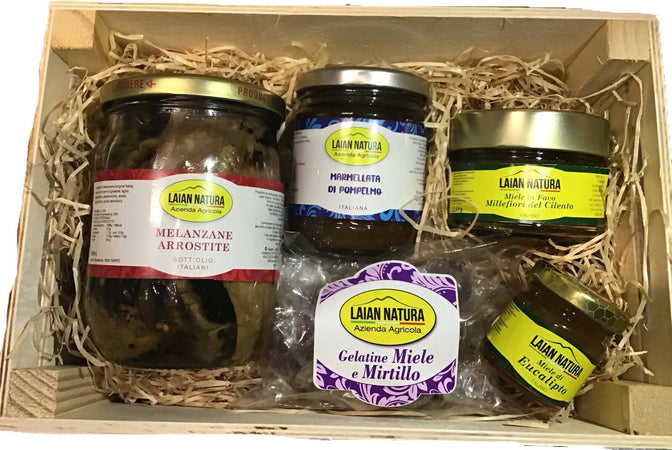 Box-Regalo-In-Legno,-Idea-Regalo,-Prodotti-Artigianali-E-Regionali-Campani,-Miele-Artigianale,-Confetture,-Sott’oli,-Caramelle-Al-Miele-Laian-Natura
