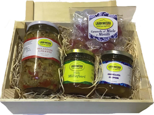 Box-Regalo-In-Legno,-Idea-Regalo,-Prodotti-Artigianali-E-Regionali-Campani,-Miele-Artigianale,-Confetture,-Sott’oli,-Caramelle-Al-Miele-Laian-Natura