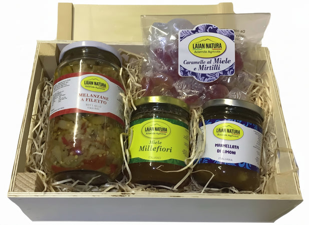 Box-Regalo-In-Legno,-Idea-Regalo,-Prodotti-Artigianali-E-Regionali-Campani,-Miele-Artigianale,-Confetture,-Sott’oli,-Caramelle-Al-Miele-Laian-Natura
