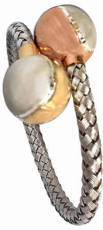 Bracciale d'argento a lamine intrecciate con finali a sfera dorate