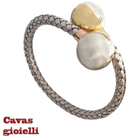 Bracciale d'argento a lamine intrecciate con finali a sfera dorate