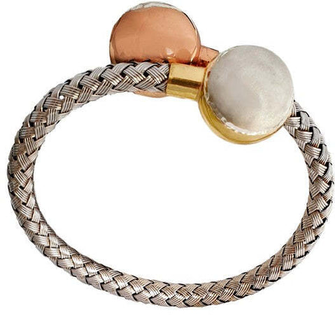 Bracciale d'argento a lamine intrecciate con finali a sfera dorate