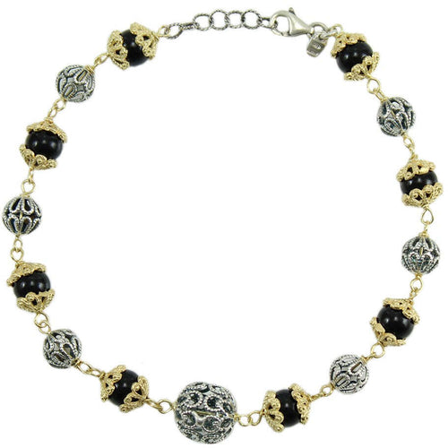 Bracciale donna argento bicolore con sfere filigrana traforate e onice su coccu