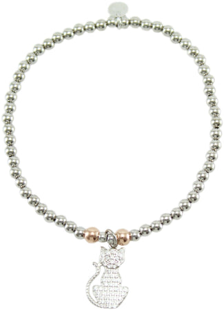 Bracciale Elastico in Argento 925 con Pendente Gatto e Zirconi - I Giampini