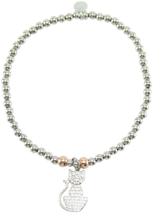 Bracciale Elastico in Argento 925 con Pendente Gatto e Zirconi - I Giampini