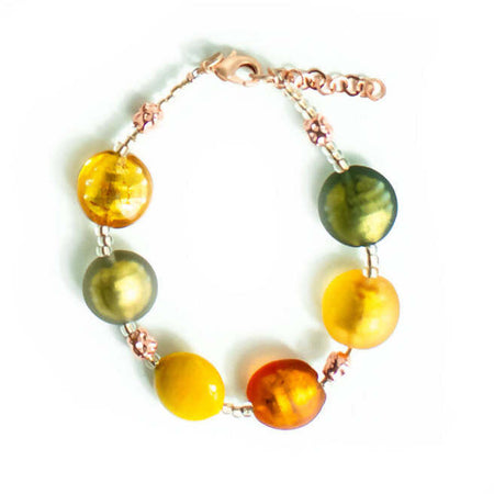 Bracciale Donna in Vetro Di Murano Ambra Bijou Fashion Artigianale Made in Italy in Ottone E Acciaio Con Perle Realizzate a Mano 19 Cm