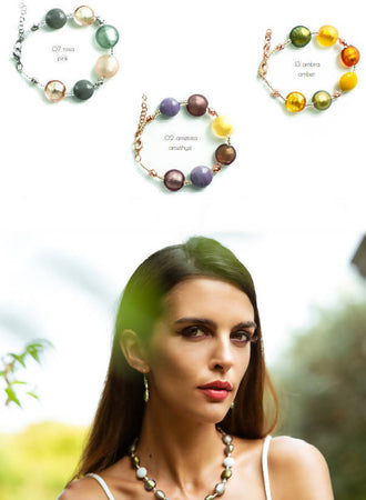 Bracciale Donna in Vetro Di Murano Ametista Bijou Fashion Artigianale Made in Italy in Ottone E Acciaio Con Perle Realizzate a Mano 19 Cm