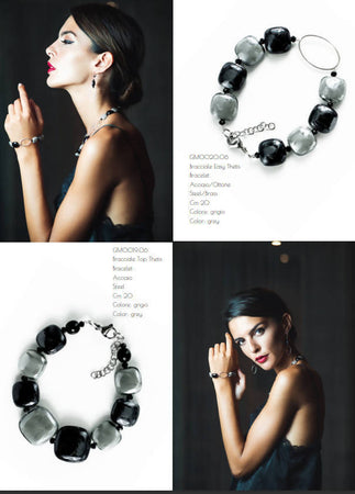 Bracciale Donna in Vetro Di Murano Grigio Bijou Fashion Artigianale Made in Italy Bracciale in Acciaio Con Perle Realizzate a Mano 20 Cm