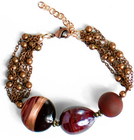 Bracciale Donna in Vetro Di Murano Rosso Bijou Fashion Artigianale Made in Italy Bracciale Multifili in Acciaio E Ottone Con Perle Realizzate a Mano 19 Cm