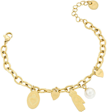 Bracciale Donna LIU JO Placcato Oro con Charms Mano Cuori Perla Bianca Braccialetto per lei Accessorio Gold