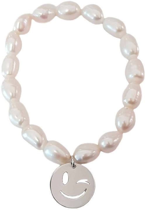 Bracciale elastico con perle Nihama con faccina emoticon smile in Argento 925 Braccialetto per Lei