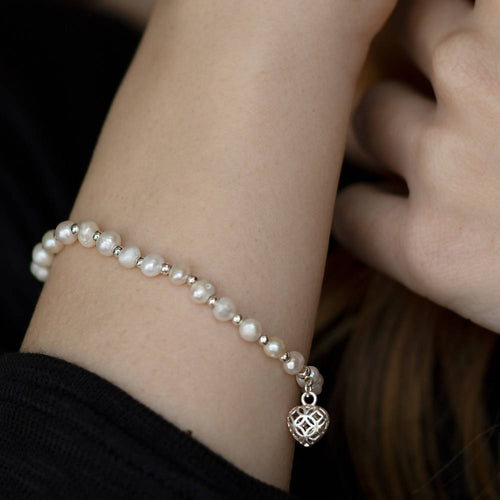 Bracciale Elastico Donna Braccialetto con Perle e Cuore traforato Argentato Regalo per Lei Vestopazzo