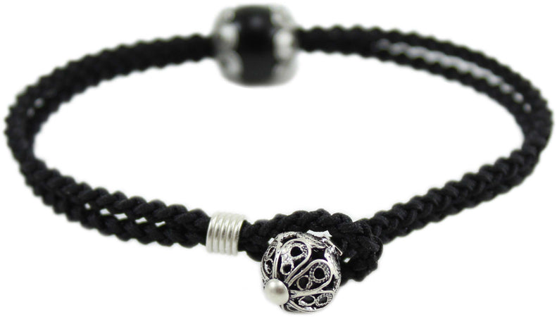 Bracciale sagola nera uomo con centrale su coccu e bottone argento