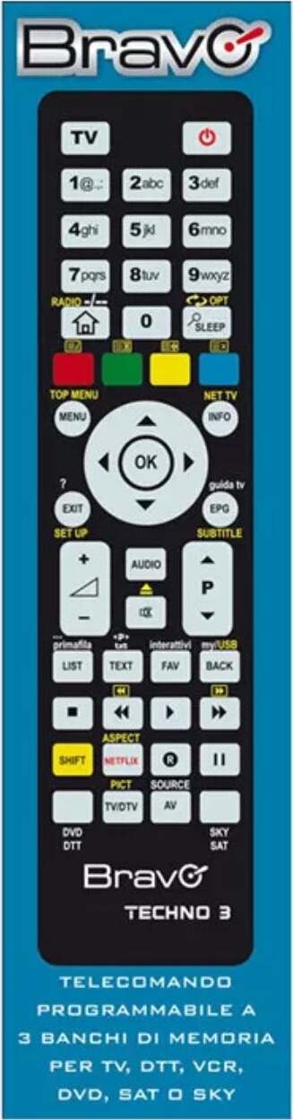 Bravo-Telecomando-Techno-3-Programmabile-Per-TV-dtt-vcr-dvd-sky
