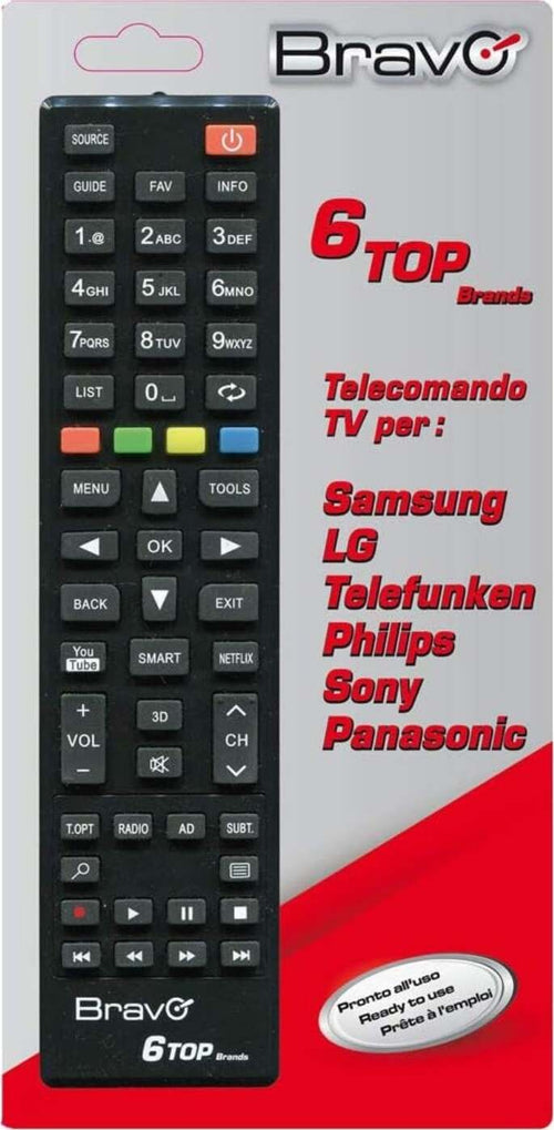 Bravo-Telecomando-Universale-6-Top-Brand-SAMSUNG-LG-TELEFUNKEN-PHILIPS-SONY-PANASONIC