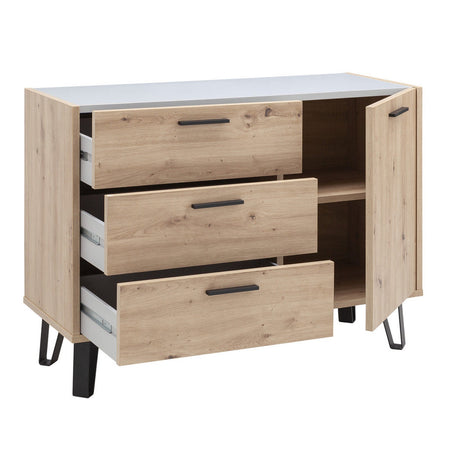 Mobile contenitore madia multiuso "Vitruvia" con 1 anta e 3 cassetti rovere e nero h 87 cm