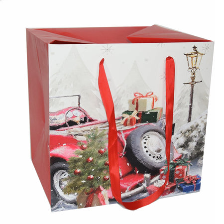 Busta per pacco regalo con decorazioni natalizie e manici in nylon h 34 cm