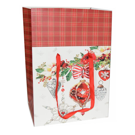 Busta per pacco regalo con decorazioni natalizie e manici in nylon h 34 cm