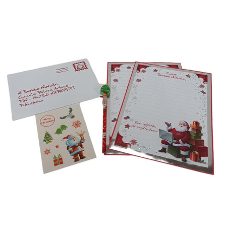 Set completo lettera a Babbo Natale con fogli, busta, matita e adesivi per regali natalizi