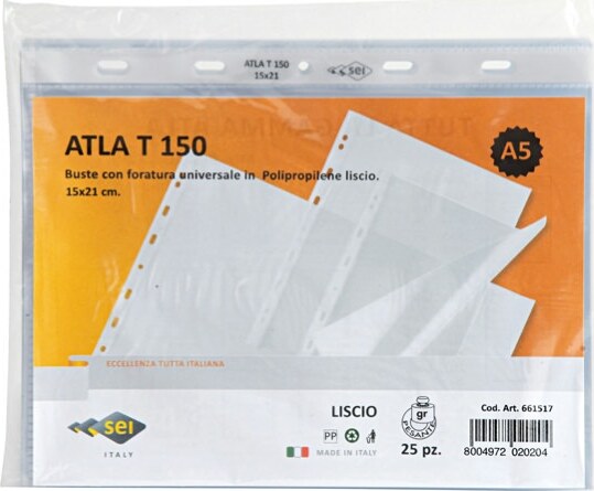 Buste forate Atla T - pesante - liscio - 15x21 cm - trasparente - Sei Rota - conf. 25 pezzi Cancelleria e prodotti per ufficio/Archivio ufficio e accessori per scrivania/Raccoglitori e accessori per raccoglitori/Buste a perforazione universale Eurocartuccia - Pavullo, Commerciovirtuoso.it