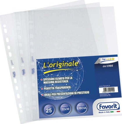 Buste forate L'Originale - Top - liscio - 22x30 cm - trasparente - Favorit - conf. 25 pezzi Cancelleria e prodotti per ufficio/Archivio ufficio e accessori per scrivania/Raccoglitori e accessori per raccoglitori/Buste a perforazione universale Eurocartuccia - Pavullo, Commerciovirtuoso.it