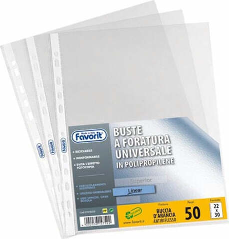 Buste forate Special PP - Linear - buccia - 22x30 cm - trasparente - Favorit - conf. 50 pezzi Cancelleria e prodotti per ufficio/Archivio ufficio e accessori per scrivania/Raccoglitori e accessori per raccoglitori/Buste a perforazione universale Eurocartuccia - Pavullo, Commerciovirtuoso.it