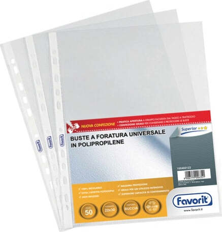 Buste forate Special PP - Superior - buccia - 22x30 cm - trasparente - Favorit - conf. 50 pezzi Cancelleria e prodotti per ufficio/Archivio ufficio e accessori per scrivania/Raccoglitori e accessori per raccoglitori/Buste a perforazione universale Eurocartuccia - Pavullo, Commerciovirtuoso.it