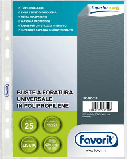 Buste forate Special PP - Superior - liscio - 15x21 cm - trasparente - Favorit - conf. 25 pezzi Cancelleria e prodotti per ufficio/Archivio ufficio e accessori per scrivania/Raccoglitori e accessori per raccoglitori/Buste a perforazione universale Eurocartuccia - Pavullo, Commerciovirtuoso.it