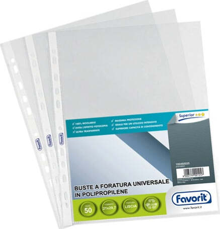 Buste forate Special PP - Superior - liscio - 21x29 7 cm - trasparente - Favorit - conf. 50 pezzi Cancelleria e prodotti per ufficio/Archivio ufficio e accessori per scrivania/Raccoglitori e accessori per raccoglitori/Buste a perforazione universale Eurocartuccia - Pavullo, Commerciovirtuoso.it