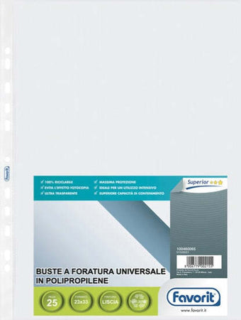 Buste forate Special PP - Superior - liscio - 23x33 cm - trasparente - Favorit - conf. 25 buste Cancelleria e prodotti per ufficio/Archivio ufficio e accessori per scrivania/Raccoglitori e accessori per raccoglitori/Buste a perforazione universale Eurocartuccia - Pavullo, Commerciovirtuoso.it