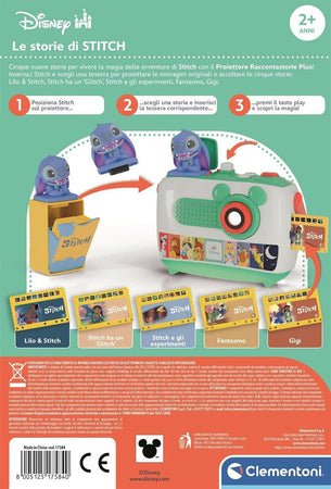 CLEMENTONI Disney Proiettore Raccontastorie Plus + Cartuccia Proiettore Stitch - Storyteller Disney, Proiettore Storie Bambini Italiano, Cantastorie Con Proiezione, Educativo Elettronico Parlante, con estensione per storie di Stitch, 17507 + 17584