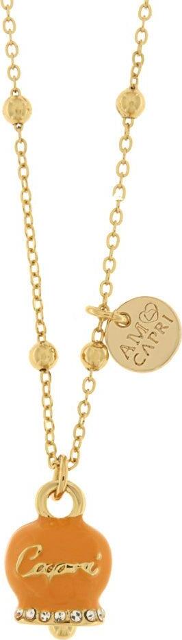 BYSIMON---Collana-in-Metallo-campanella-portafortuna-in-smalto-arancione,-con-scritta-Capri-a-rilievo-e-cristalli-bianchi