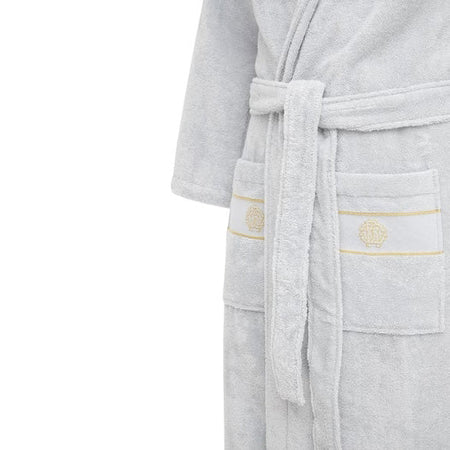 Accappatoio Roberto Cavalli Gold New con cappuccio, in spugna 100% cotone, colore grigio, taglia L/XL, morbido ed elegante, Made in Italy.