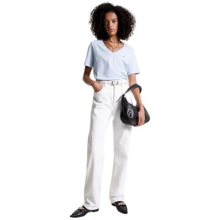 Tommy Hilfiger t-shirt scollo a V celeste logo piccolo WW0WW39781 T-shirt Tommy Hilfiger