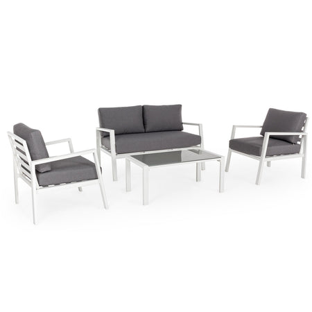 Salottino moderno per esterno "Koral" in alluminio con cuscini da giardino e veranda