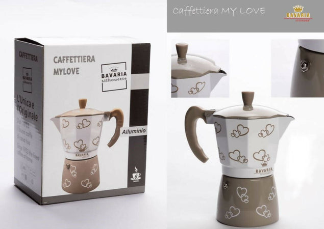 Caffettiera-Moka-Italiana-Classica-1,-2-,3-Tazze-Bavaria-My-Love-Con-Manico-Termoresistente-E-Corpo-In-Alluminio