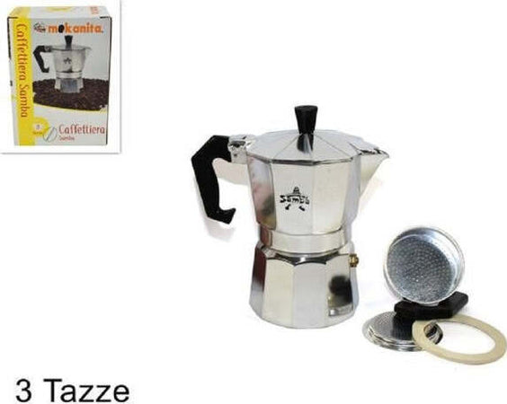 Caffettiera-Moka-Macchinetta-Caffe'-Espresso-Classica-Misura-3-Tazze-Con-Ricambi