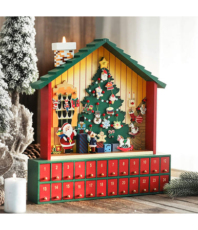 Calendario Avvento Casetta Di Babbo Natale Legno Cassetti Decorazioni Natalizie
